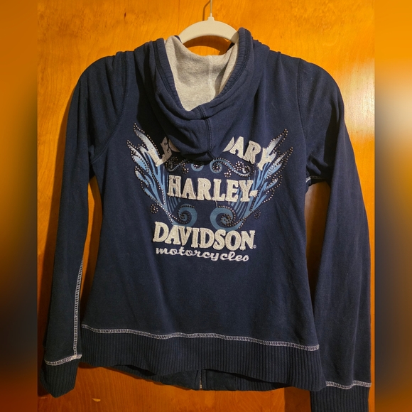 Navy Zip-Up Hoodie with Hood and Front Pockets - Picture 3 of 7